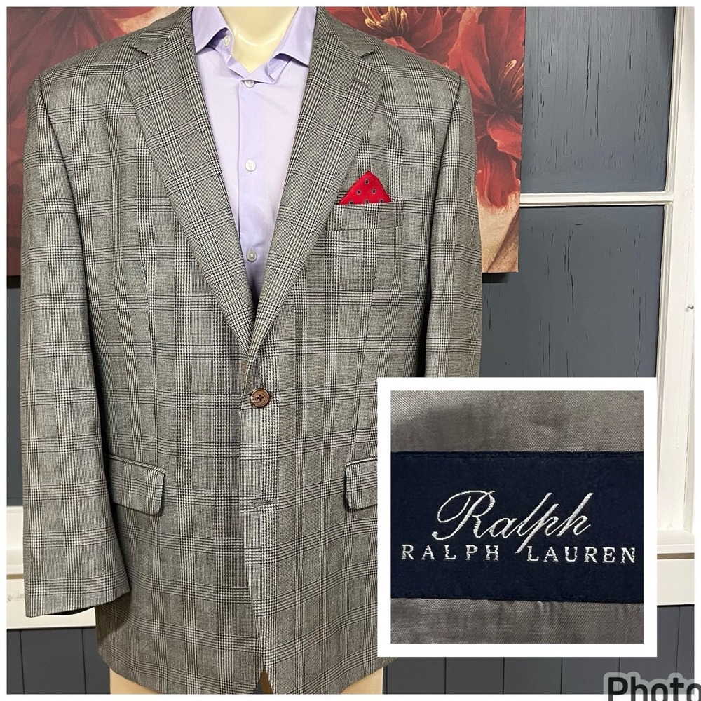 Ralph Lauren Silk Wool Blazer Jacket Sport Coat Mens 48R Gray/Black Plaid